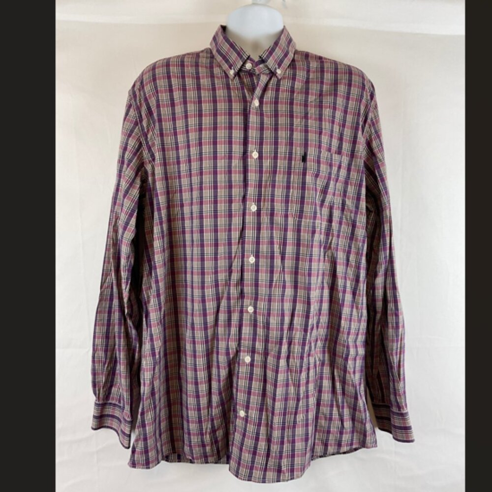 Johnnie-O Button Front Shirt Men's XXL Purple Pink White Black Plaid Long Sleeve